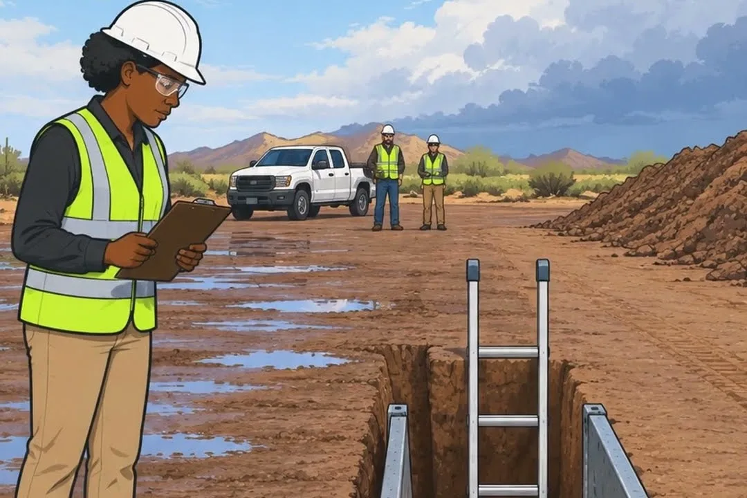 A competent person with a clipboard inspects a shored trench on an Arizona jobsite, with a ladder extending above the edge and the spoil pile set back.