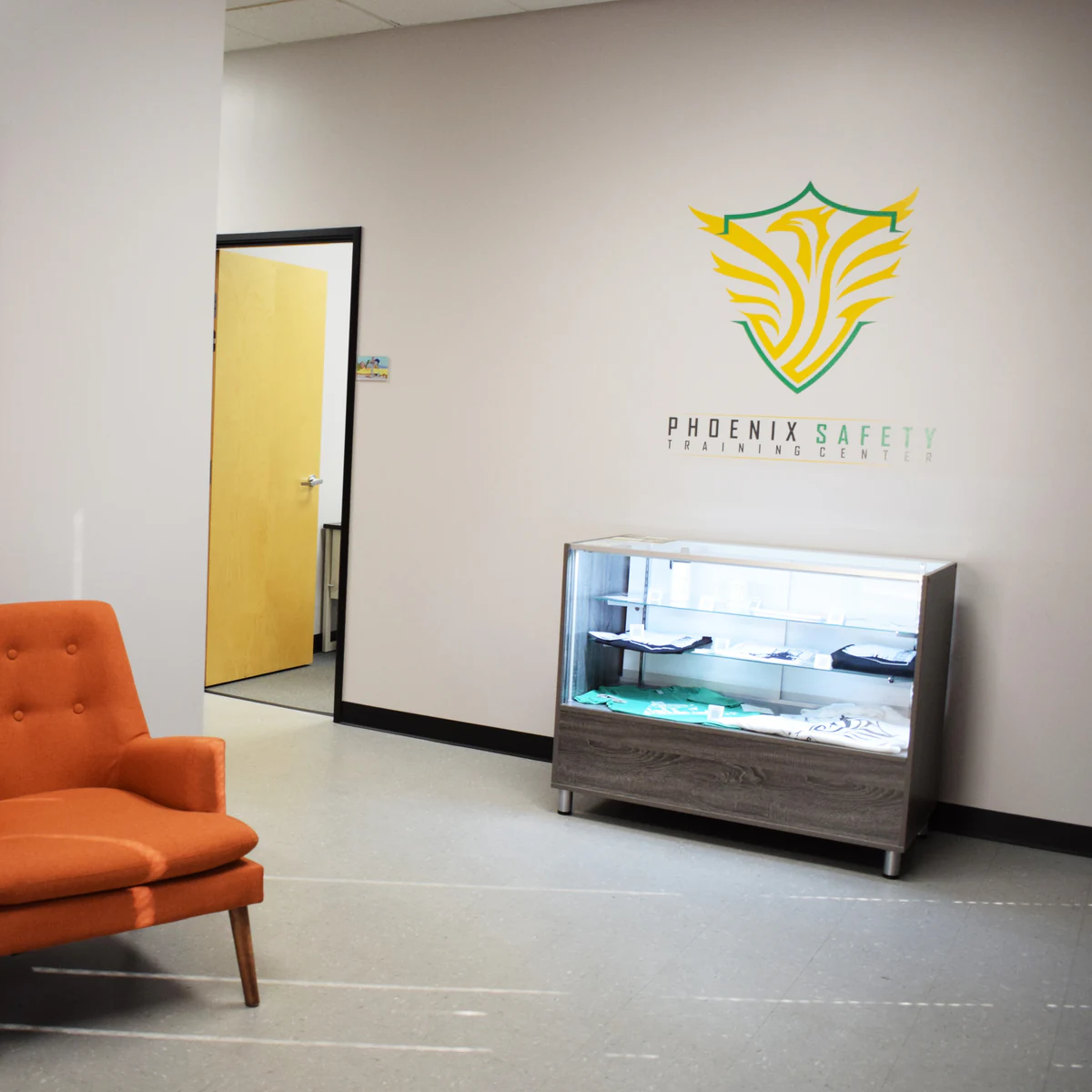 Lobby of the Phoenix Safety Training Center, with the PSTC logo on the wall
